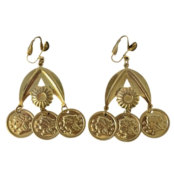Vintage Etruscan Gold Ancient Coin Chandelier Drop Clip Ons Earrings - Picture 1 of 10